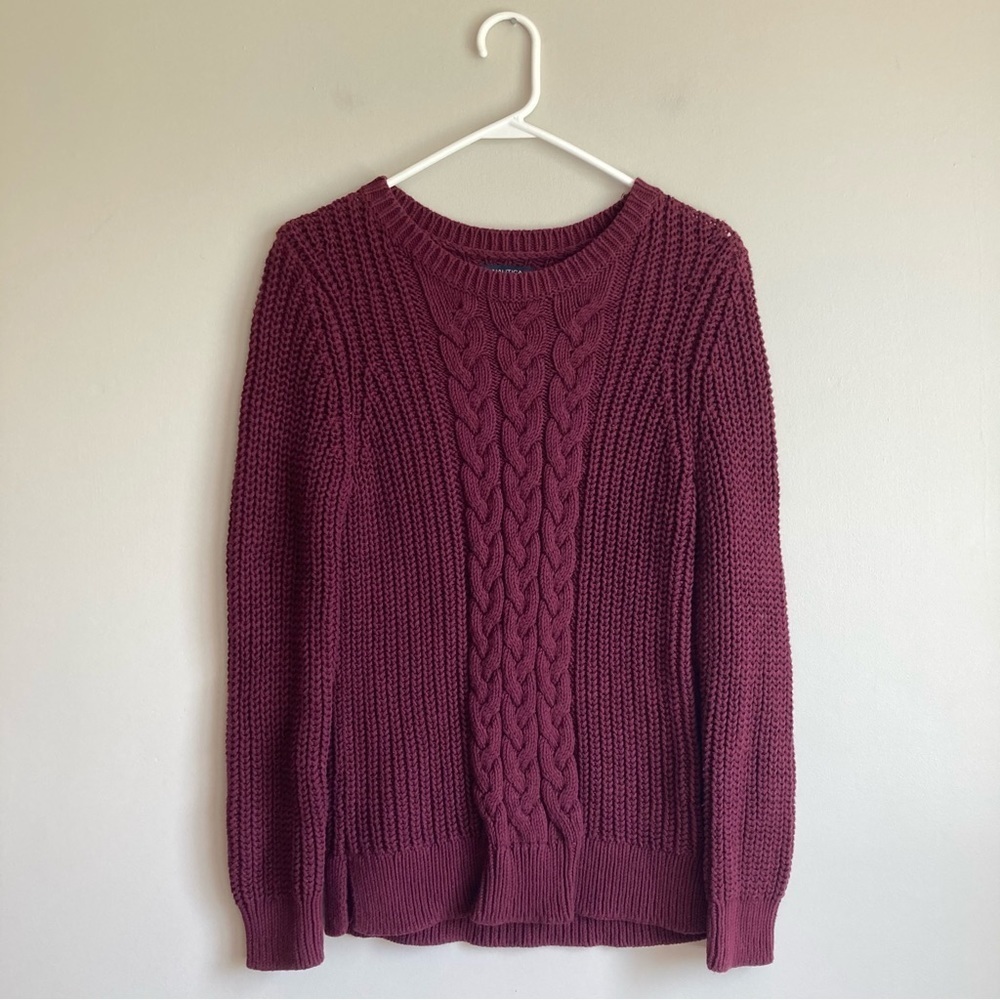 Nautica Maroon Plum Chunky cable Knit Sweater L